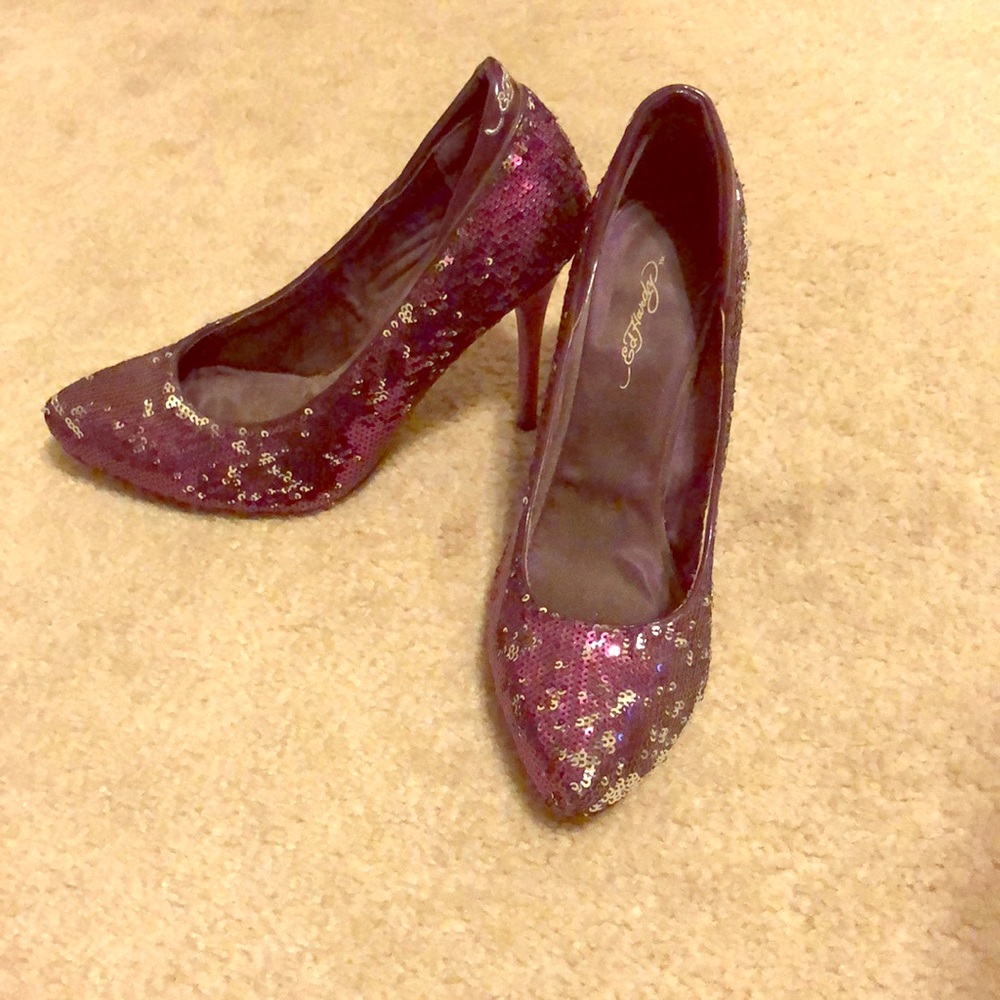 Purple and silver sequin heels